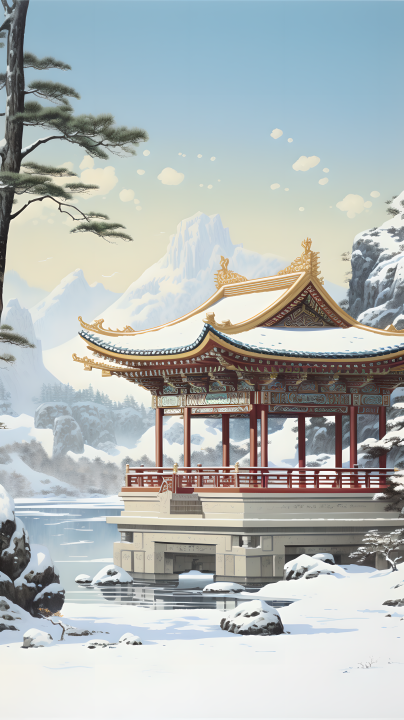 雪中亭子绿色松树摄影版权图片下载