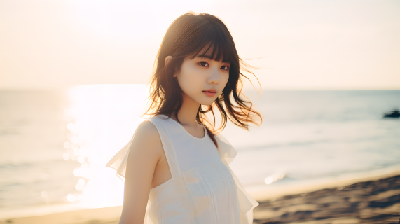 海边清新女生光影瞬间摄影图片