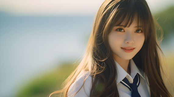海边少女白裙自然光摄影图片