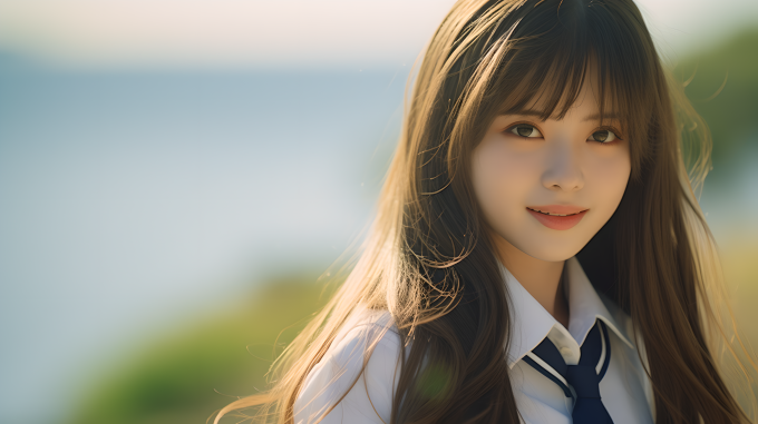 海边少女白裙自然光摄影图片