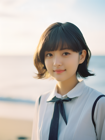 海边清新女生短发摄影图片