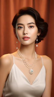 美女模特佩戴珍珠项链摄影图