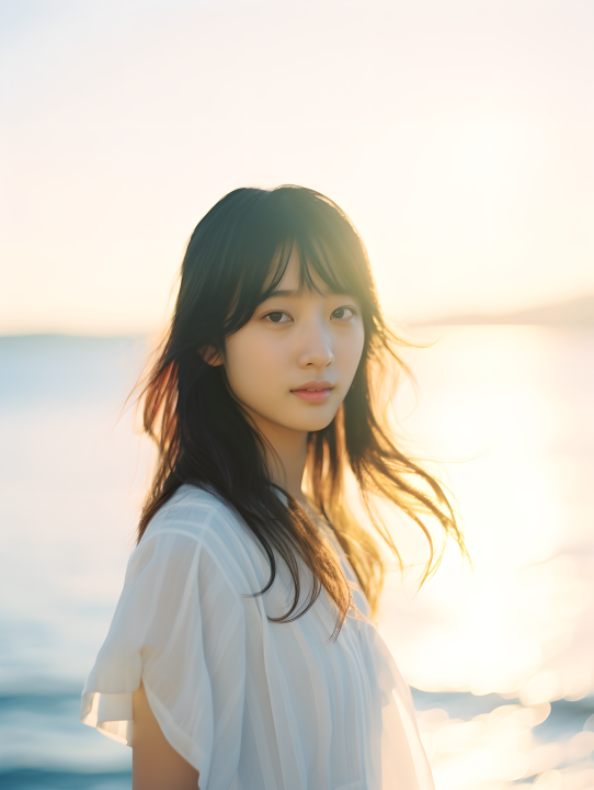 海边清新女生夕阳美景摄影版权图片下载