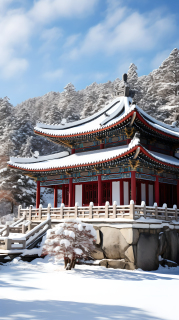 白雪落在亭子上摄影图片