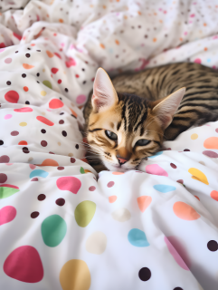 彩色圆点被子上的慵懒小猫摄影图片