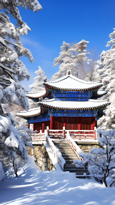 白雪亭台冬日摄影图片