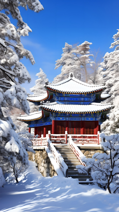 白雪亭台冬日摄影版权图片下载