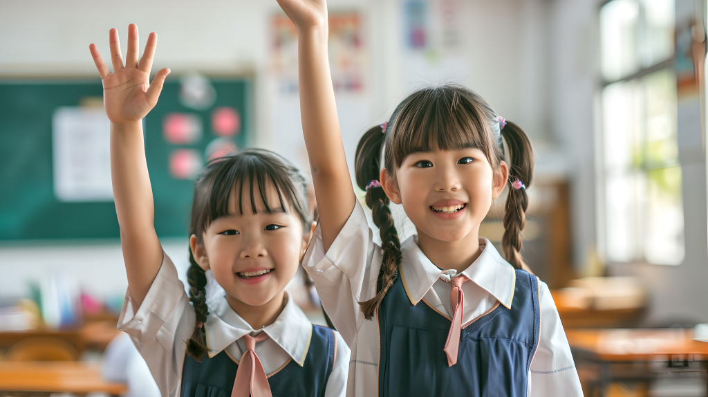 小学生开心回答问题摄影图片