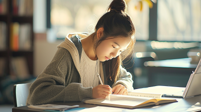 女大学生在课桌旁写作业图片