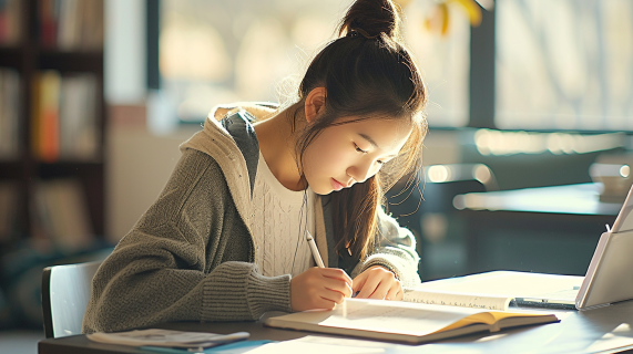 女大学生在课桌旁写作业图片