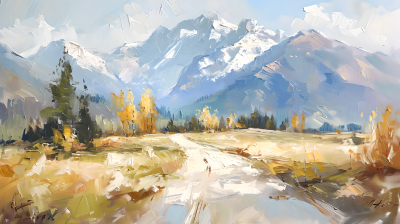 风景油画远山美景图片