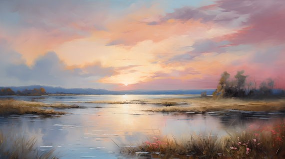 风景油画唯美夕阳图片