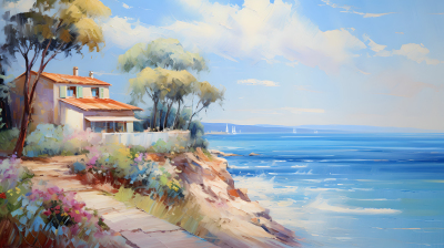 海边风景油画宁静小屋图片