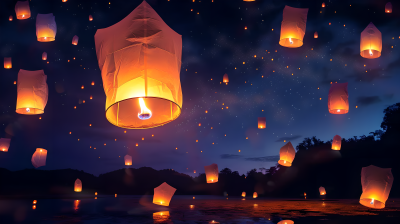 孔明灯夜空飘舞图片