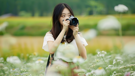 春游女孩手拿单反图片