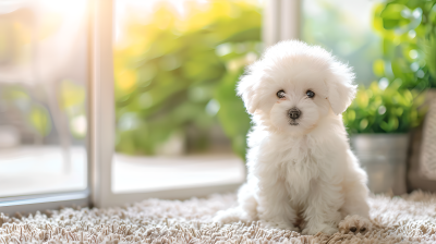 比熊犬蹲在地毯上图片