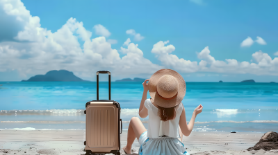 海边旅游美女遮阳帽图片