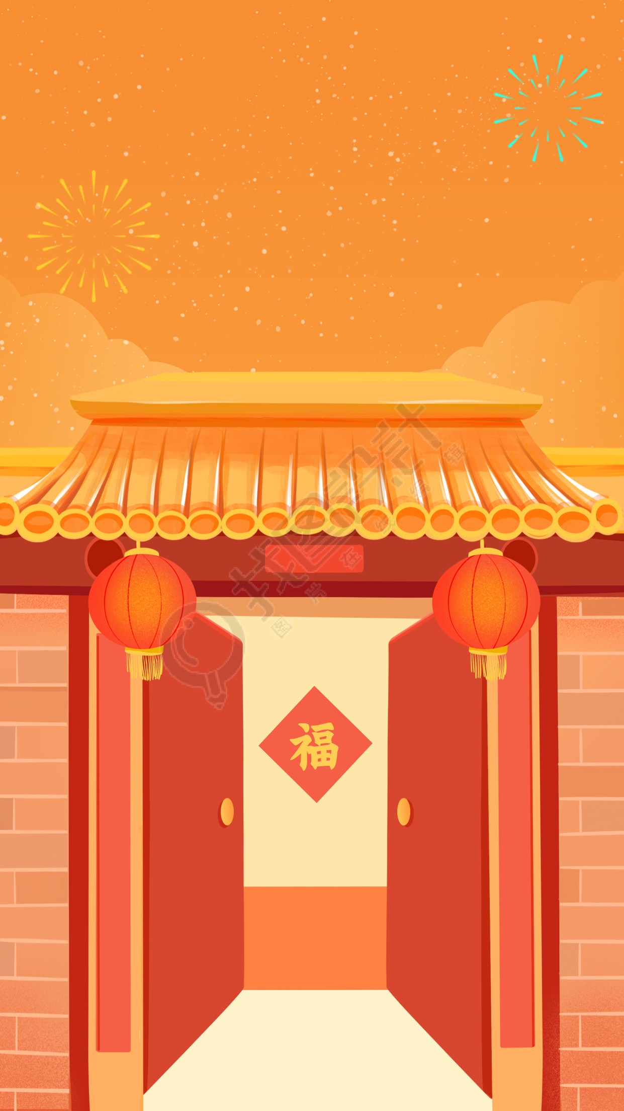 新年喜庆礼花烟花福字大门中国风建筑背景