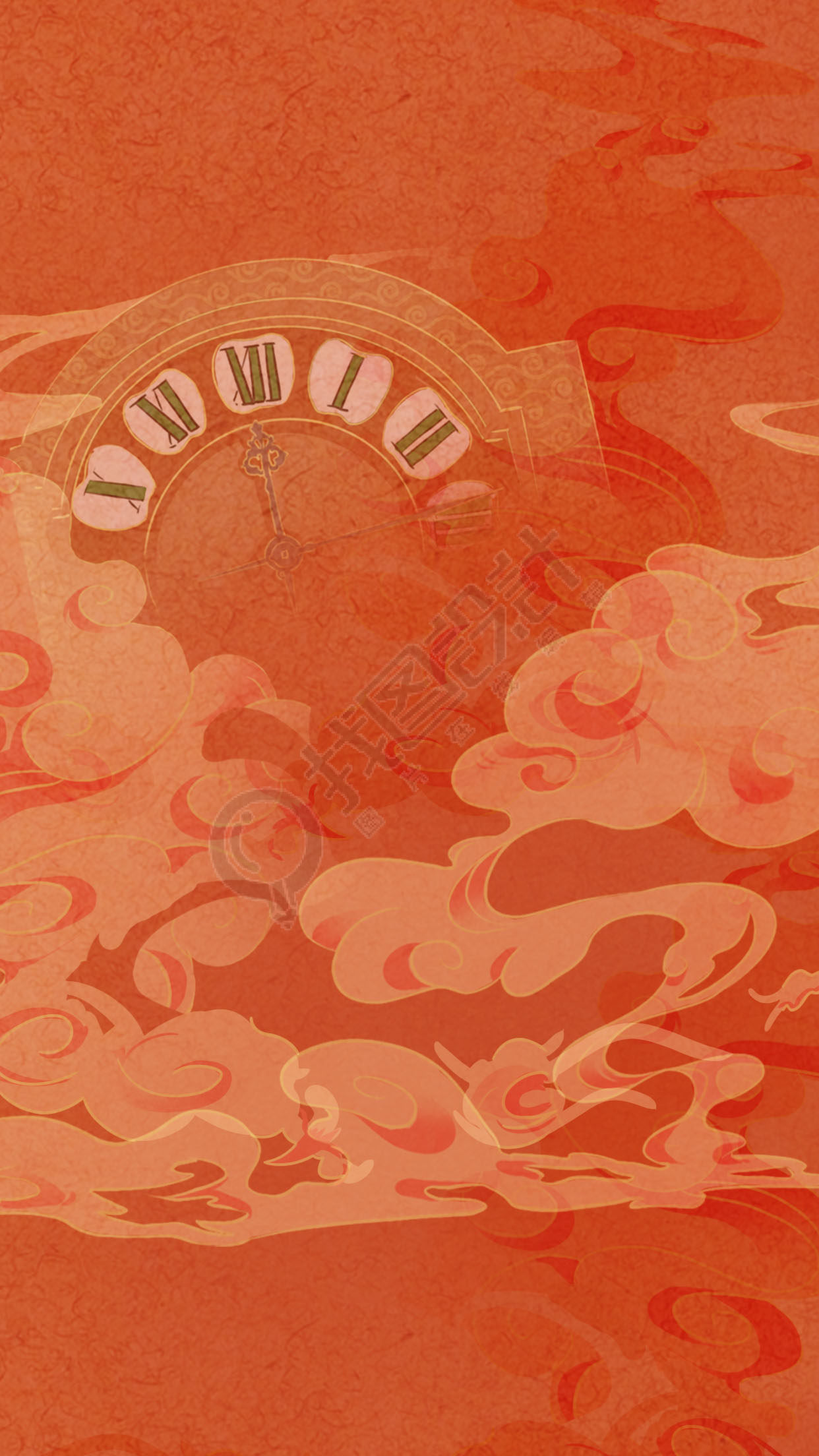 钟表祥云中国风红色节日背景