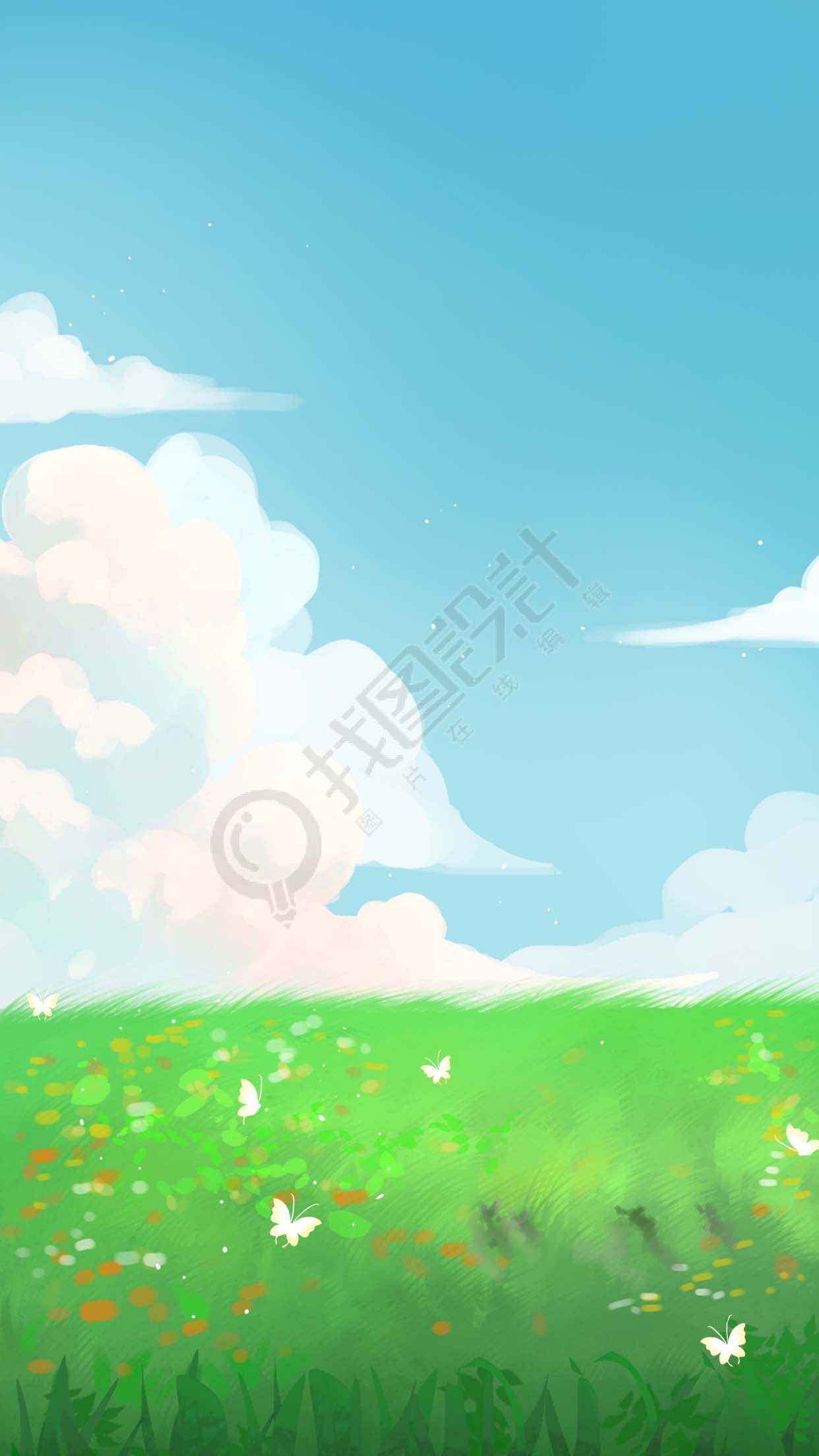 春季蓝天白云草地蝴蝶清新背景