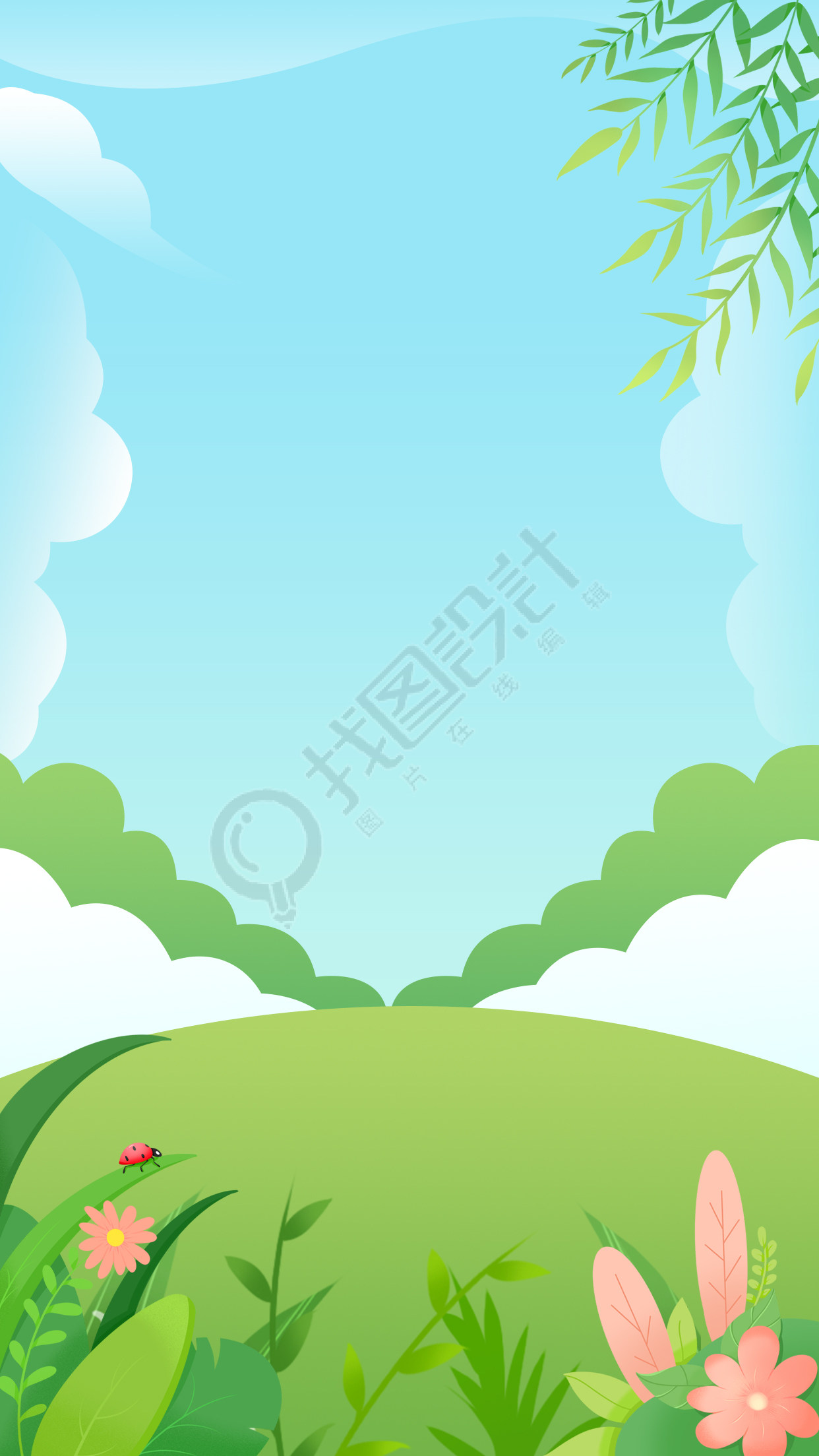 春天植树节蓝天白云柳条手绘背景
