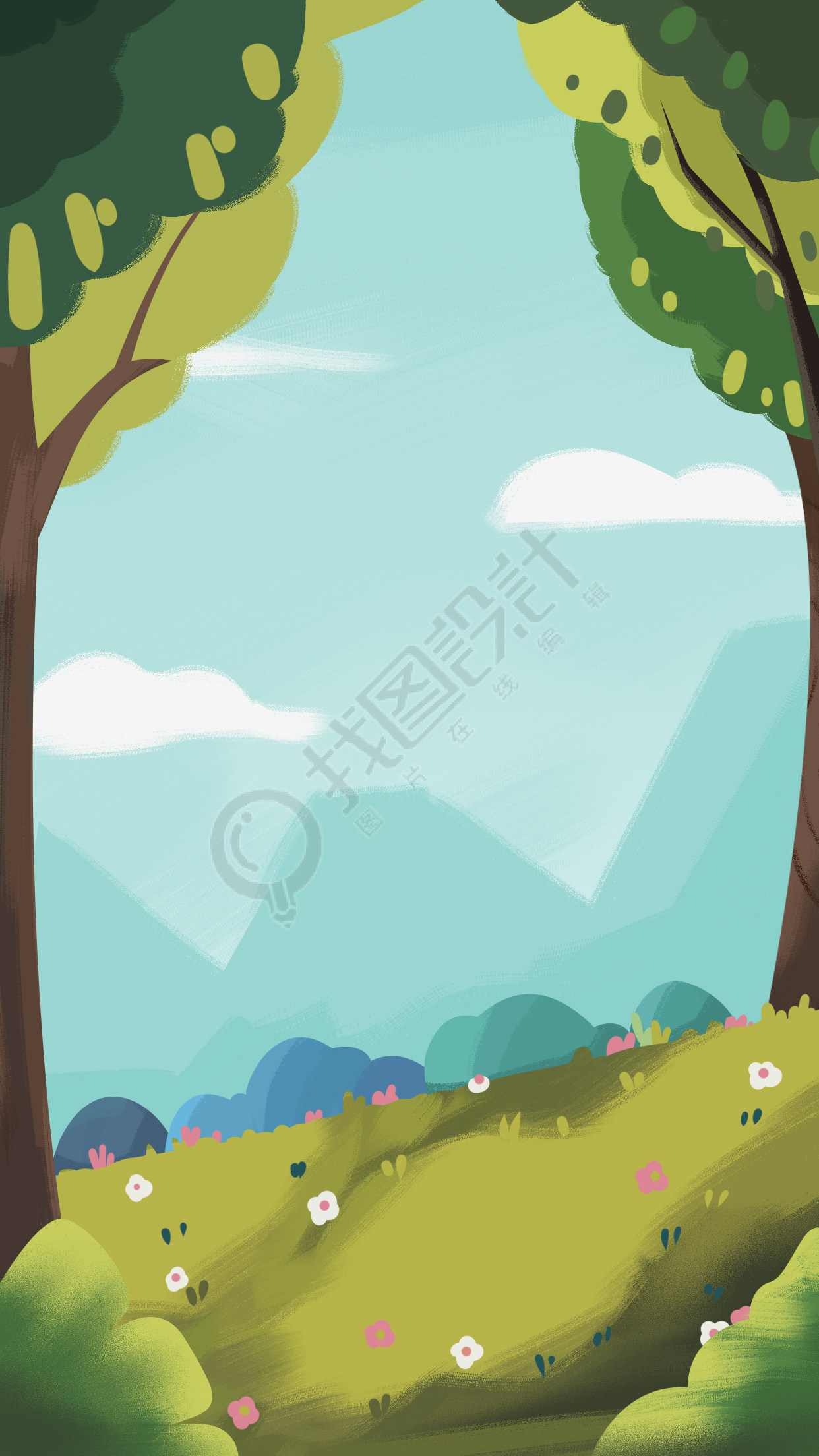野外春游草地大树蓝天白云背景