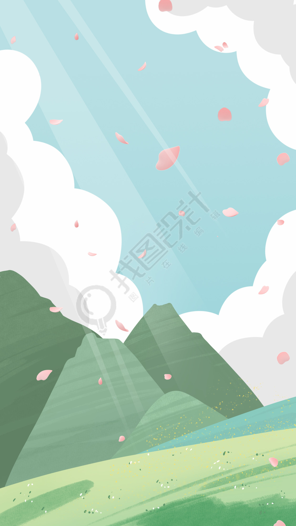 春游户外高山白云花瓣背景