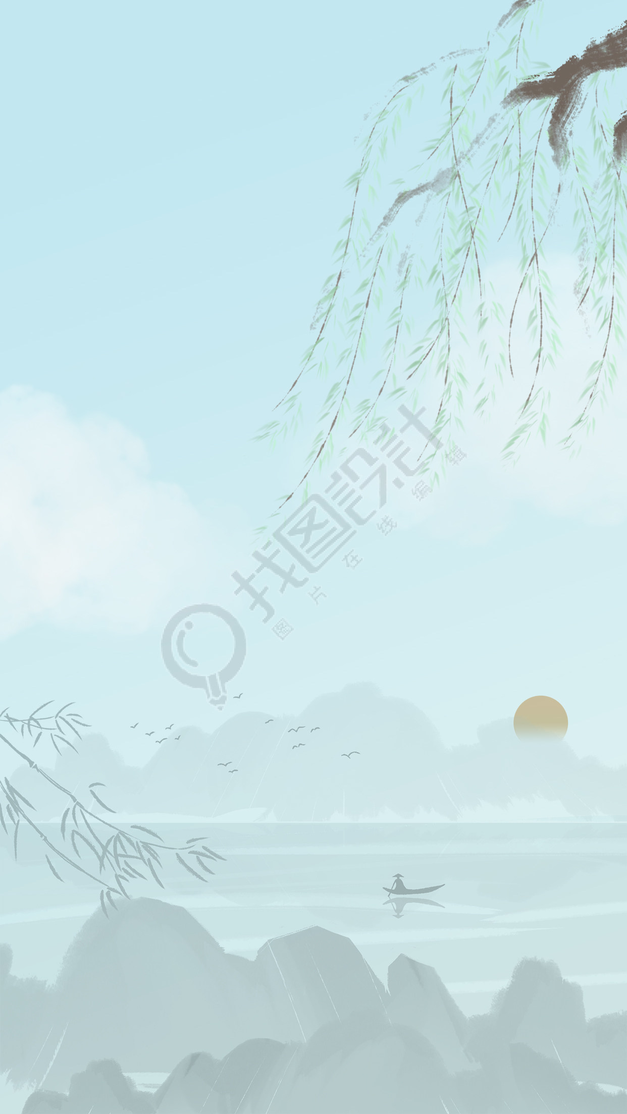 水墨淡雅山河背景