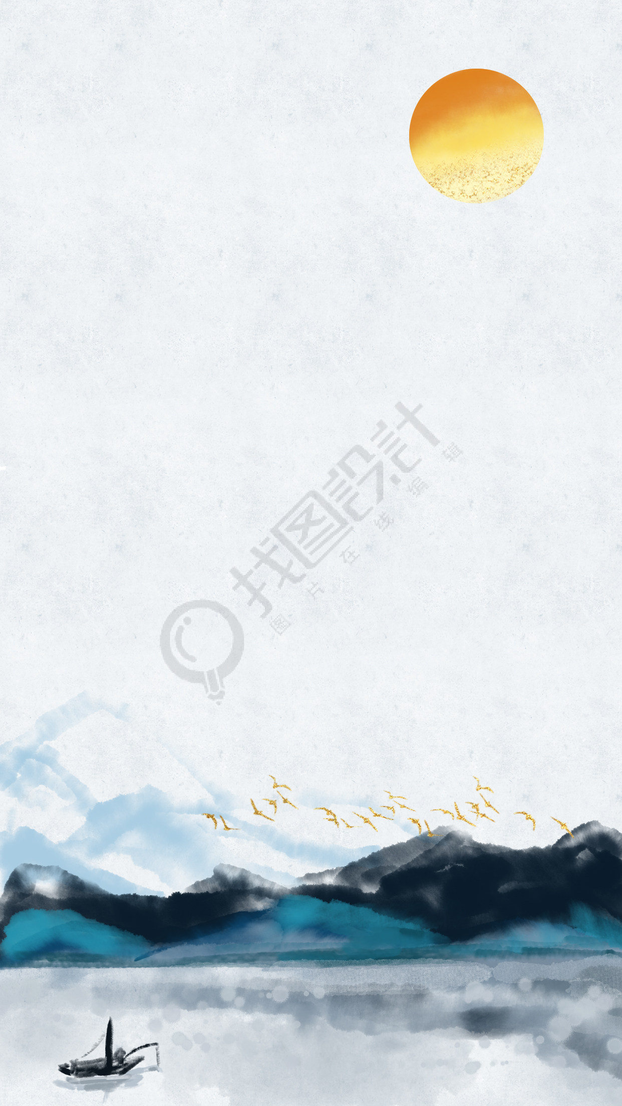 中国风水墨山水日出背景