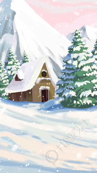 小雪木屋雪地松树