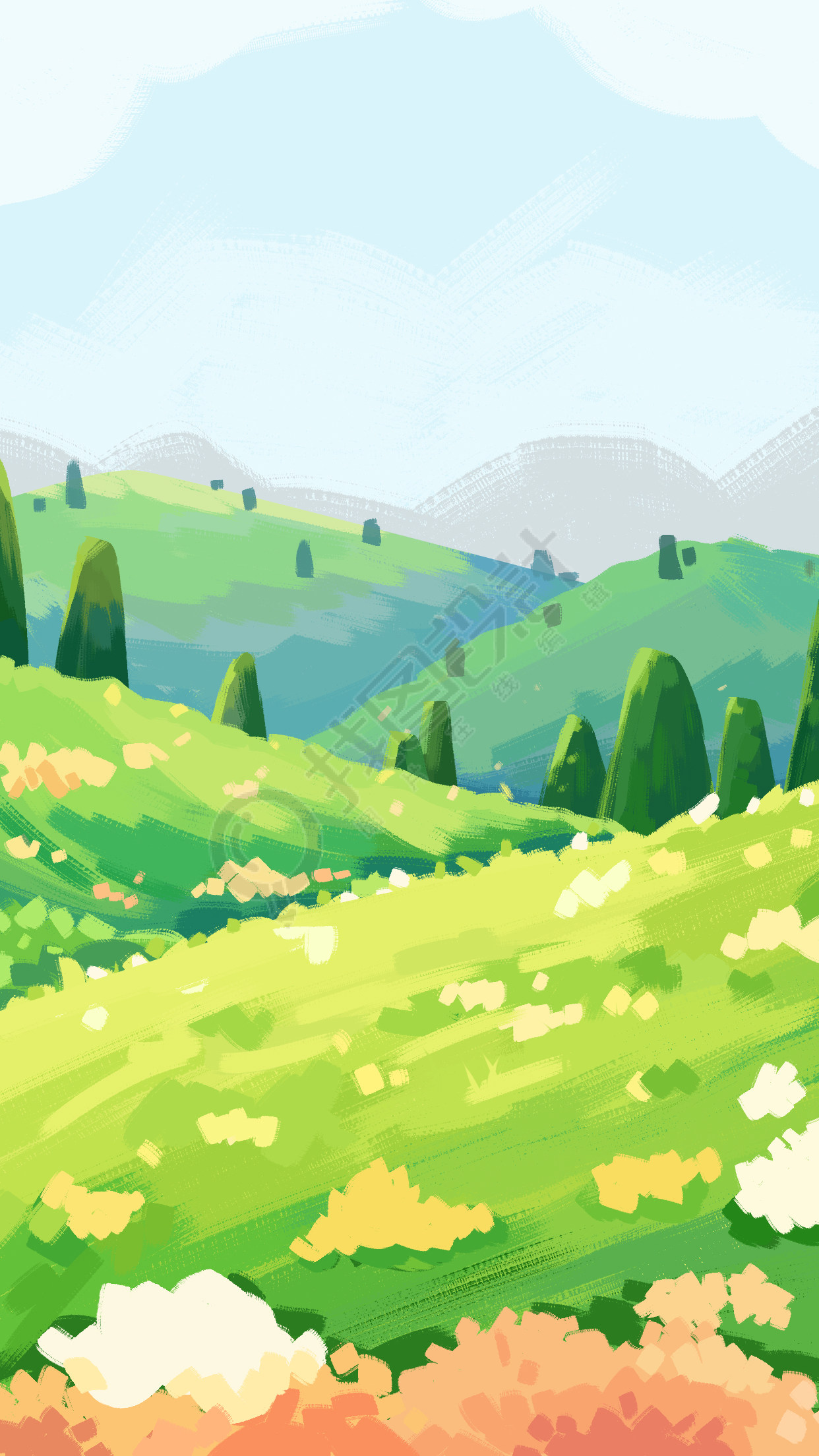 山丘野花远山春天美景背景
