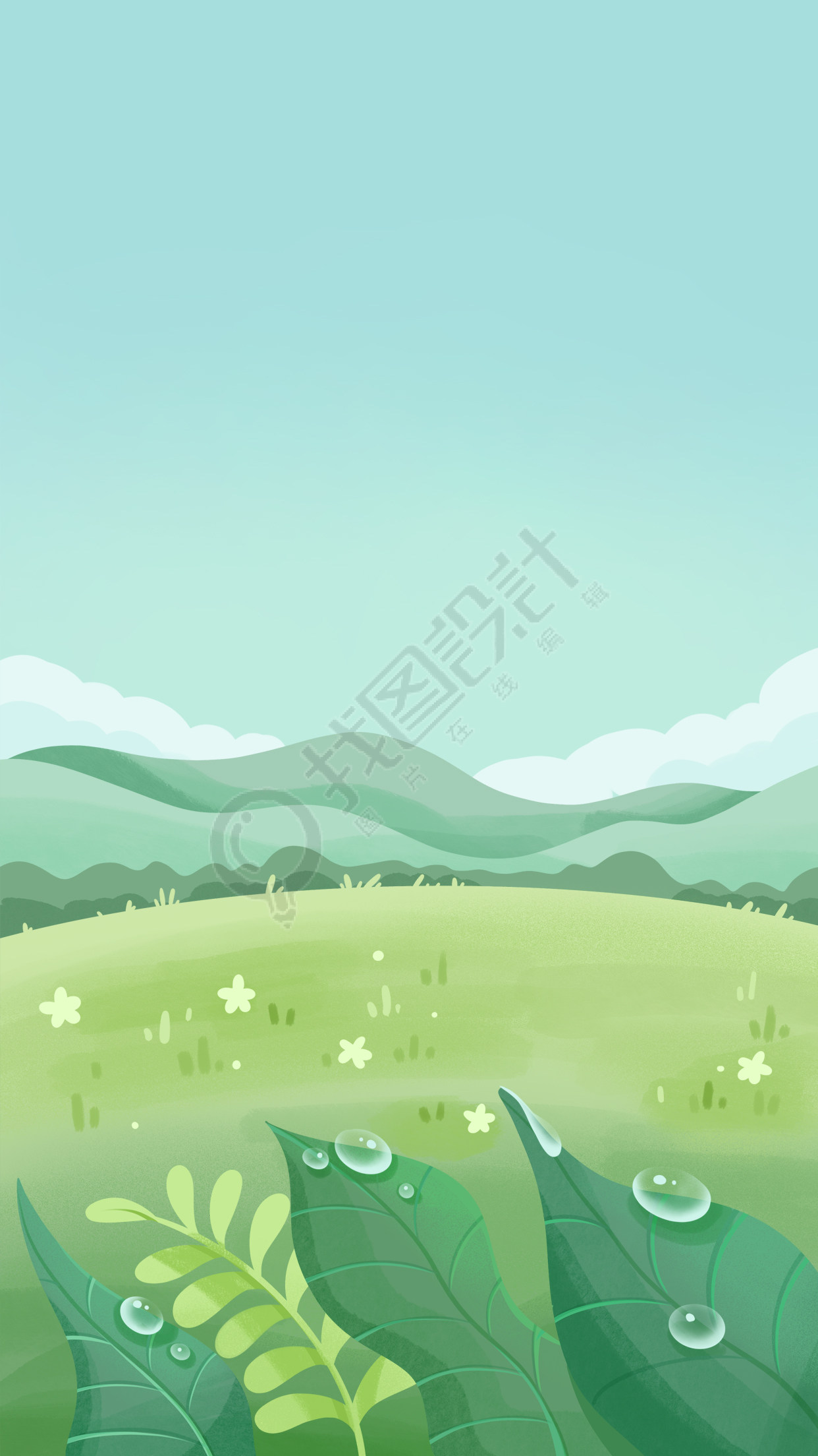 草地露珠远山背景