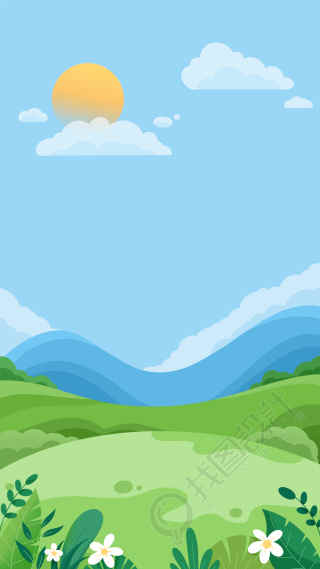 手绘春天蓝天白云草地远山背景