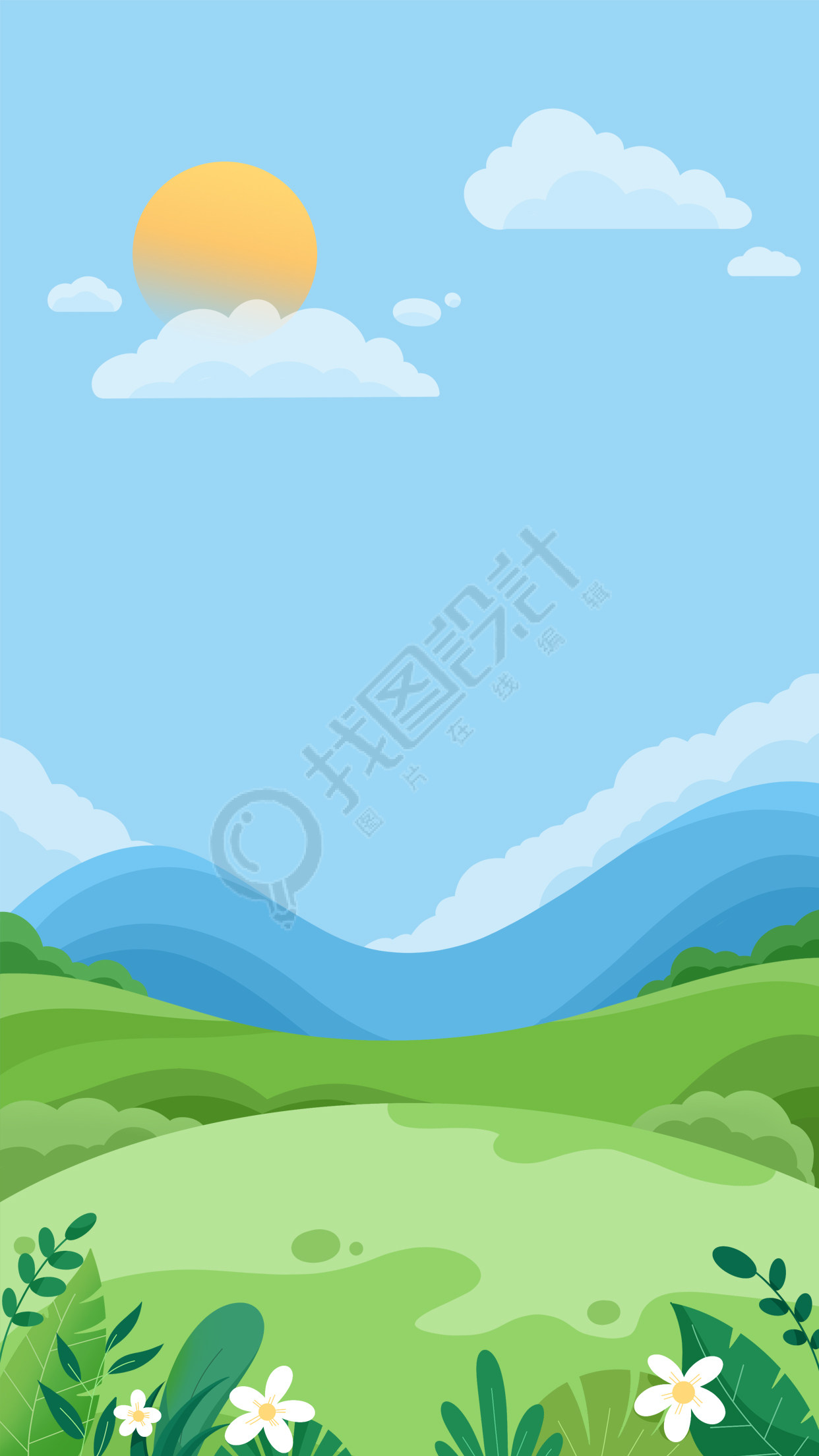 手绘春天蓝天白云草地远山背景