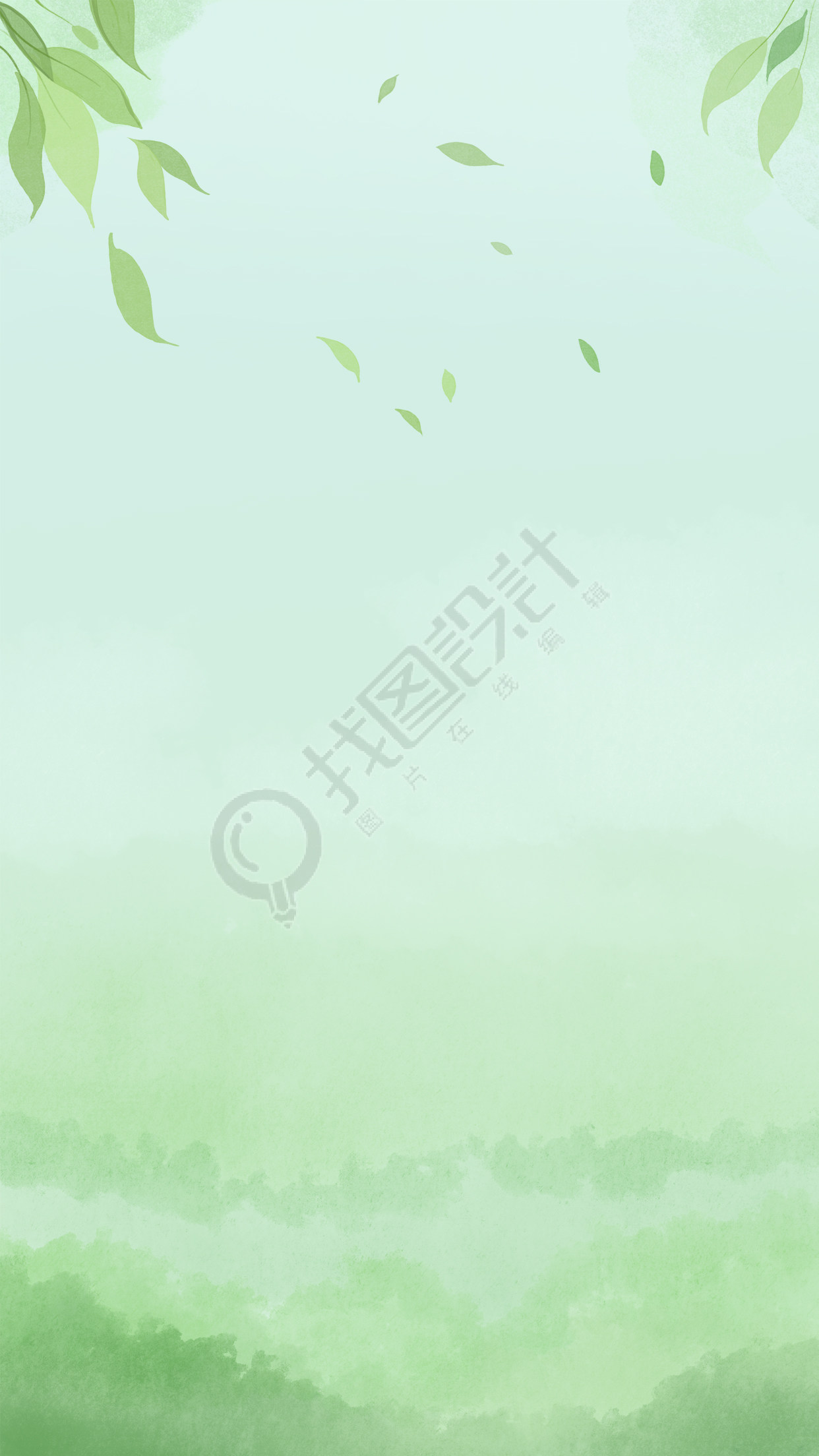 浅绿色水彩画大片树叶背景