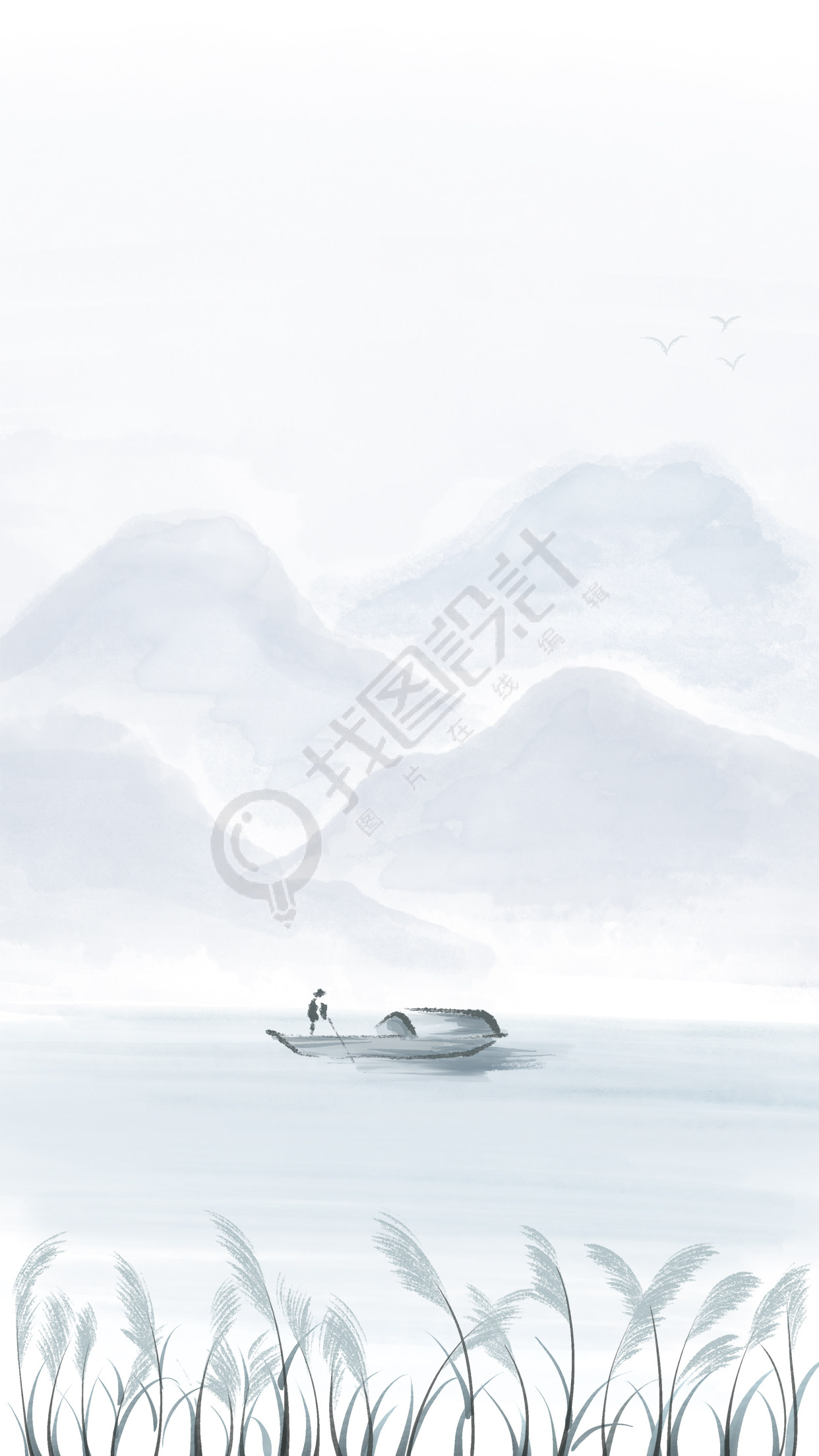 古风水墨画芦苇山水渔夫背景