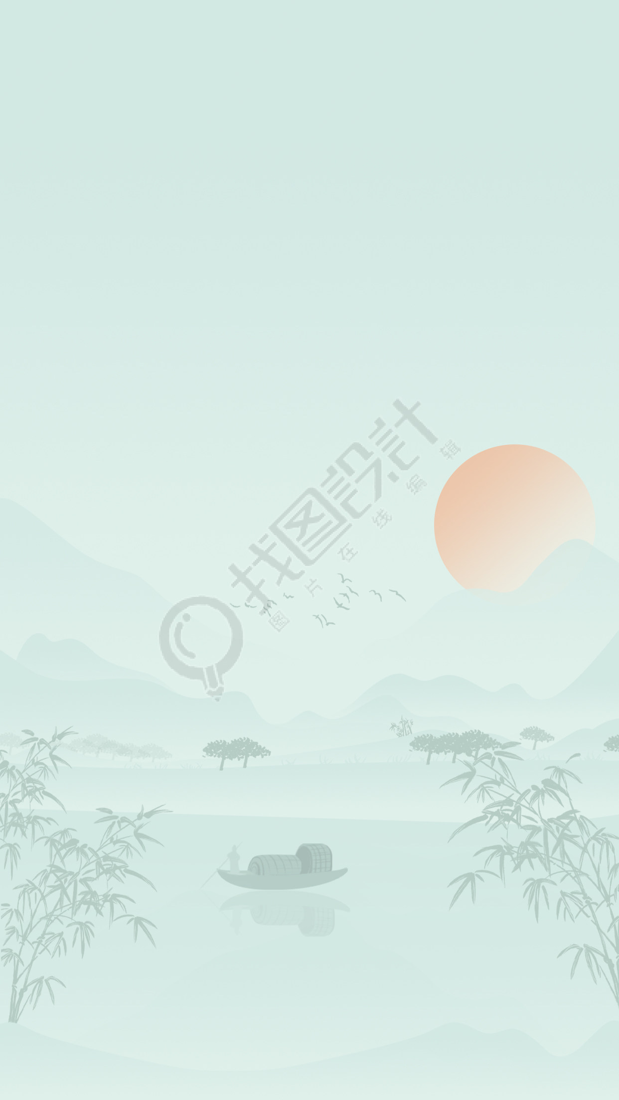 浅色古风水墨画江边渔船背景