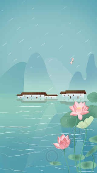 古风山水雨中建筑背景