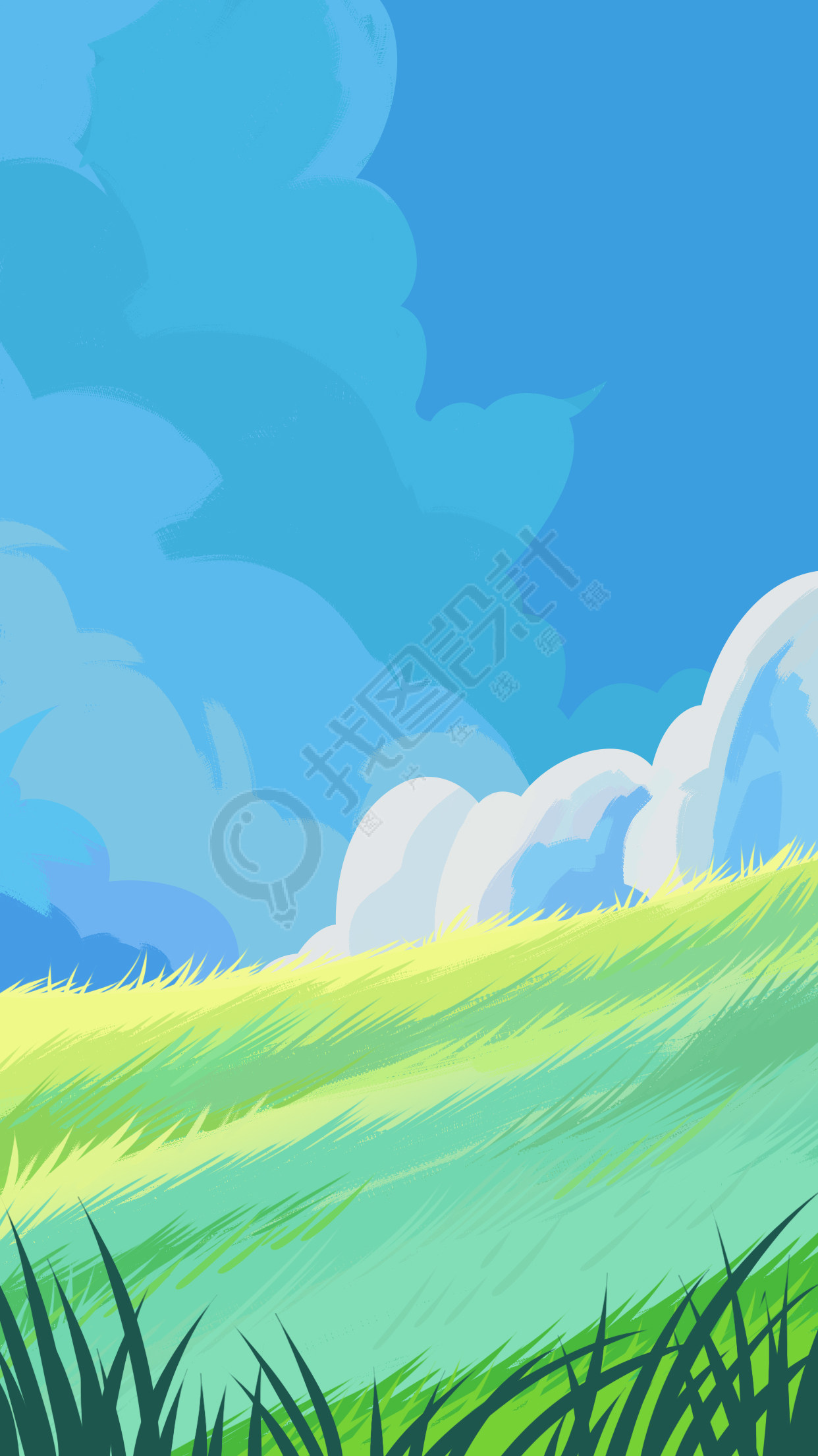 春风习习蓝天白云草地漫画风背景