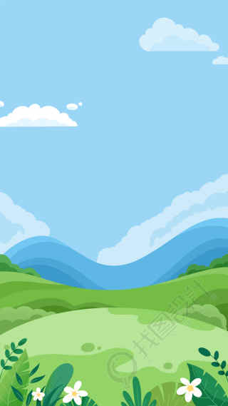 长满鲜花的山坡清澈蓝天背景