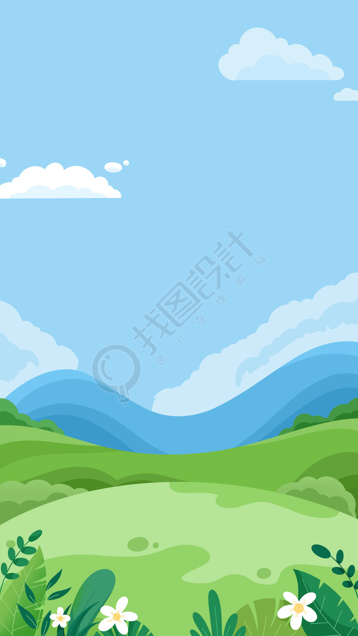 长满鲜花的山坡清澈蓝天背景