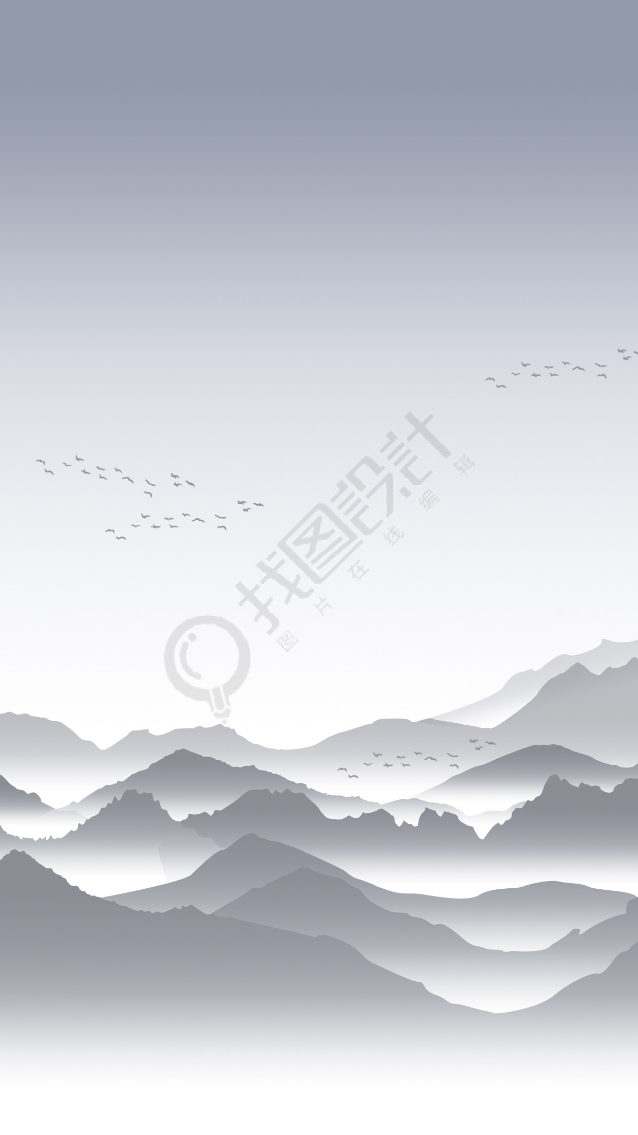 雄伟高山群飞大雁灰色背景图
