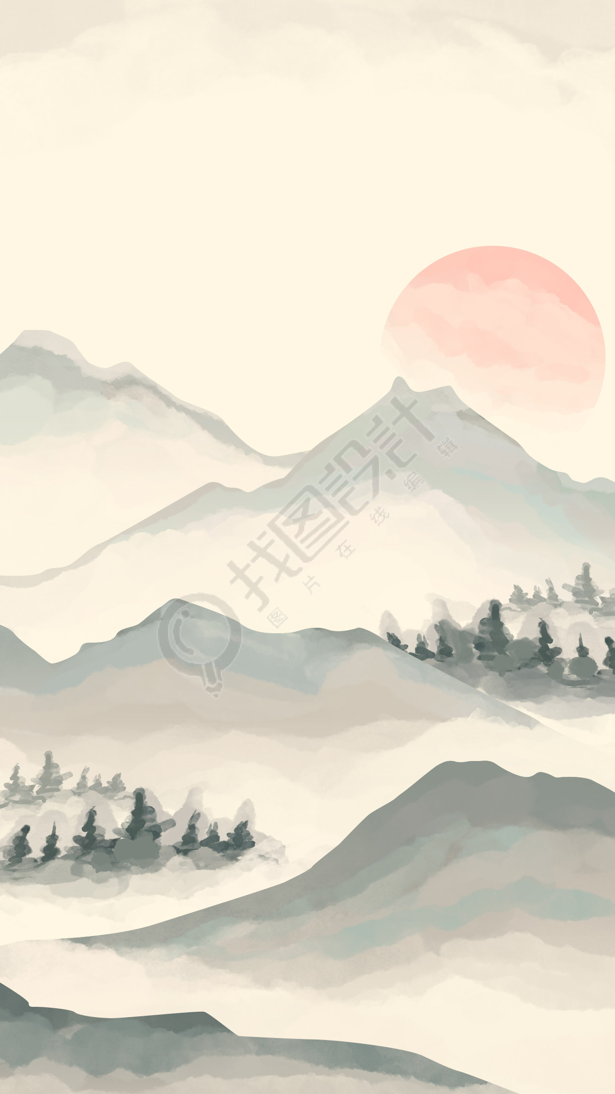 水彩画风格远山松树唯美背景
