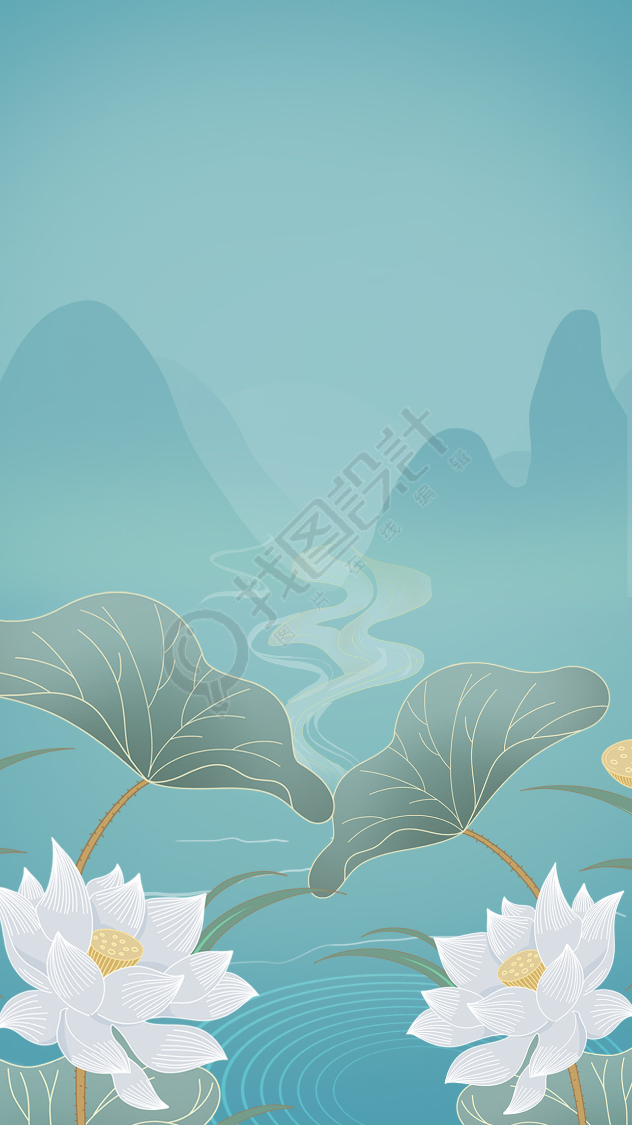 国潮风工笔画白色荷花背景