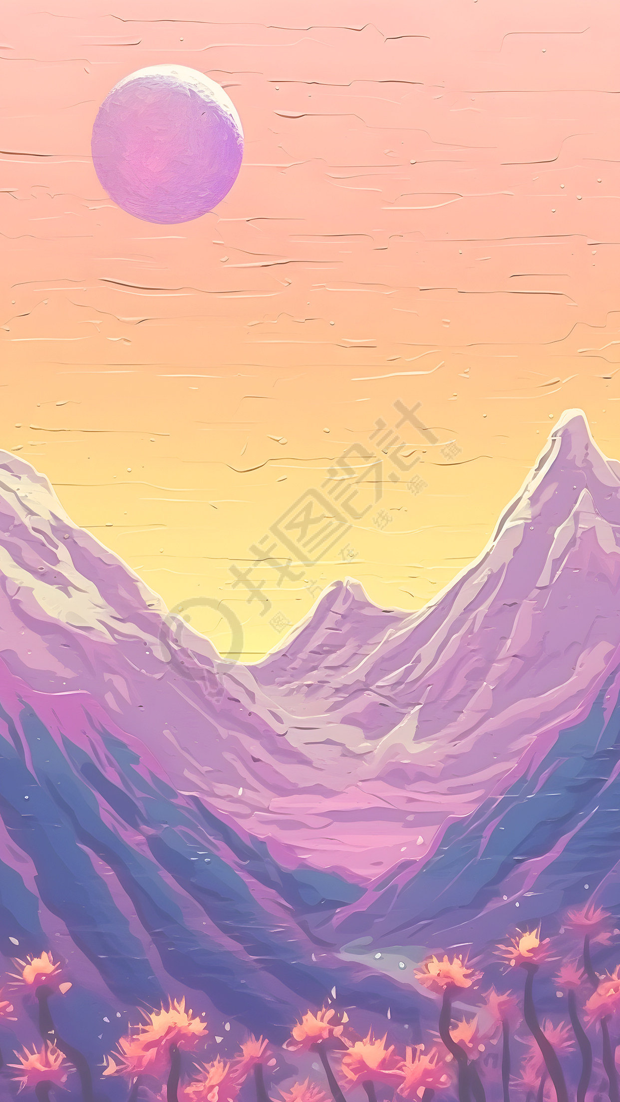 油画风山脉花草背景