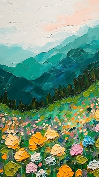 手绘远山鲜花近景风光背景