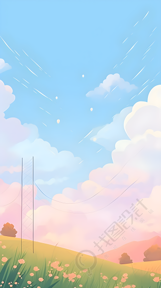 手绘清新草地开满粉色小花背景
