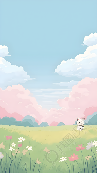 可爱猫猫蓝天白云卡通风格背景