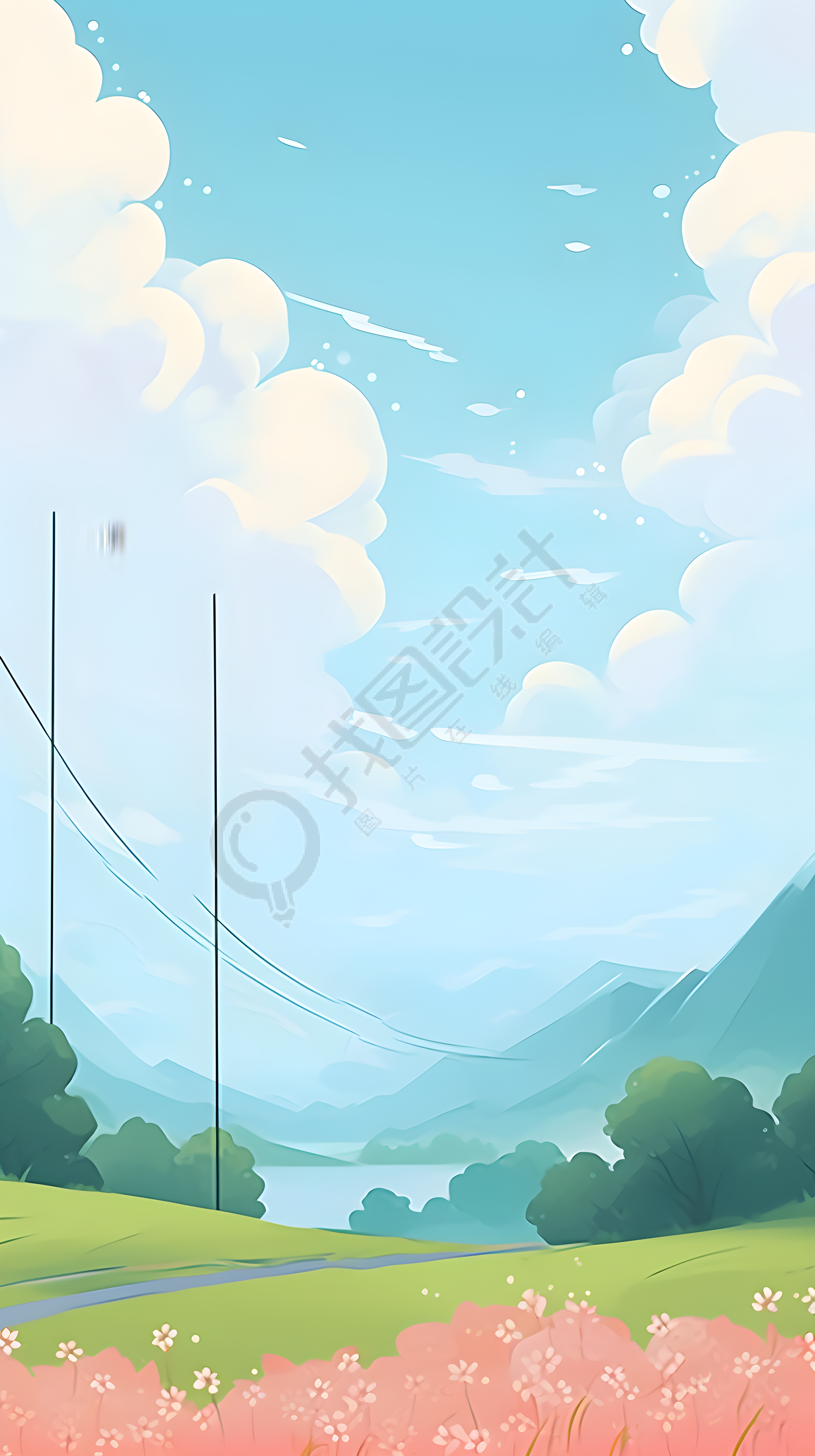 晴朗夏日蓝天白云鲜花背景