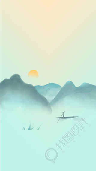 国风水墨山水渔船背景